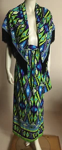 1970s Vintage Mr Dino Geometric 3 Piece Set Maxi Skirt Fringe Shawl Belt S M - Picture 1 of 16