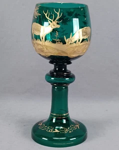 Antique German Bohemian Engraved & Gilt Stag Deer Teal Green Oversized Roemer - Picture 1 of 14