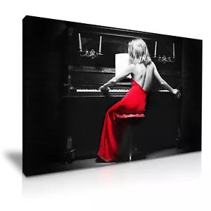 Sexy Damen Klavier rot Kleid Leinwand Wandkunst Bilddruck 76cmx50cm - Bild 1 von 1