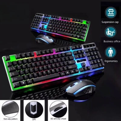 Gaming Keyboard Mouse Set Rainbow RGB LED USB Wired For PC Laptop PS5 Xbox One - Image 1 of 4