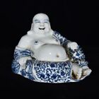 8" Old Chinese Blue white Porcelain Happy Laugh Maitreya Buddha Statue