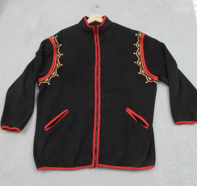Chaqueta artística portátil Bob Mackie para mujer grande negra roja con cremallera bordada polar Foto 1 de 4
