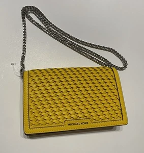 Michael Kors Handbag Jet Set Woven Leather Crossbody Chain Bag Yellow Purse - Picture 1 of 11