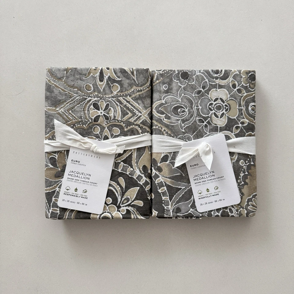 Nuevo Juego de 2 Fundas Euro Pottery Barn MEDALLÓN JACQUELYN SATÉN ORGÁNICO NUEVO CON ETIQUETAS Foto 1 de 3