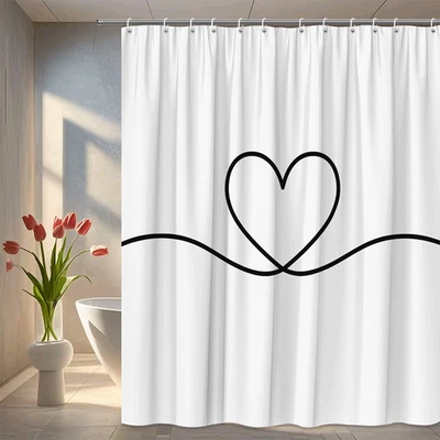 Cortina de ducha minimalista corazón negro sobre fondo blanco Foto 1 de 4