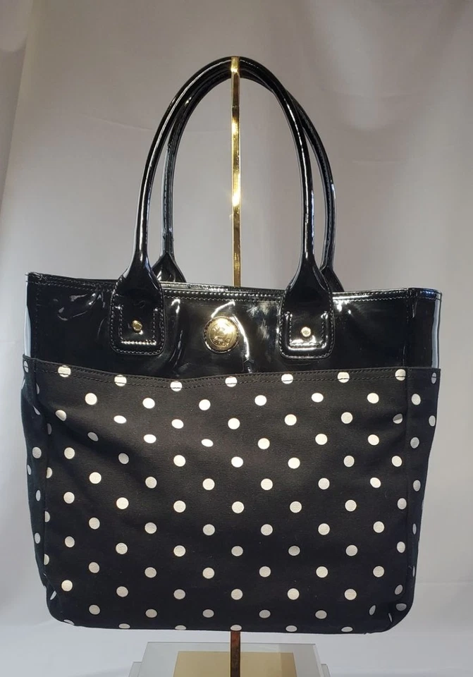Tommy Hilfiger Polka Dots Tote Shoulder Bag Black Magnetic Snap Closure - Image 1 of 4