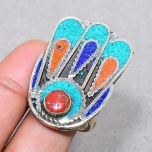 Red Coral Tibetan Turquoise Lapis Lazuli Jewelry Nepali Adjustable Ring SR 3003 - Picture 1 of 6