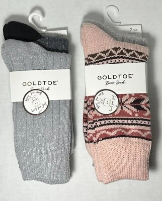 Gold Toe女式靴子船员4双袜灰色和粉红色全新带标签 — 第 1/4 张图片