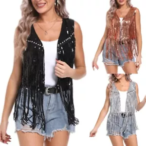 Sequins Fringe Vest Jackets for Women Shining Glitter Cowgirl Cardigan - Picture 1 of 17