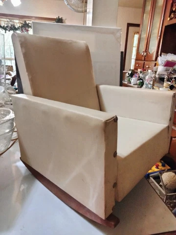 Vintage Cream Naugahyde Mid Century Child Mini Rocking Chair Soli Wooden Rockers Cover