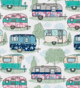 BOLT END 32 INCHES Rv Campers and Trees on White Cotton Flannel Fabric - Picture 1 of 1
