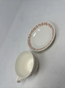 Wedgwood Embossed Queensware Pink on Cream Cup & Saucer Set EUC - Picture 1 of 20