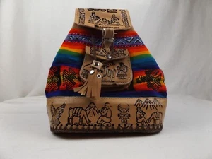 NWT PERU CUSCO WOMEN'S TEXTILE FABRIC EMBOSSED LEATHER BOHO BACKPACK BAG - Picture 1 of 8