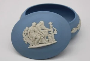 Vintage Wedgwood Blue Oval Trinket Box - England - w Raised Greek Design 4.5" L - Picture 1 of 11