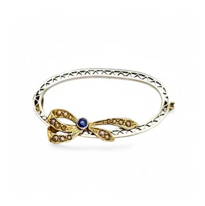Antique Edwardian 9ct gold oval openwork brooch with sapphire and seed pearl bow - Picture 1 of 13