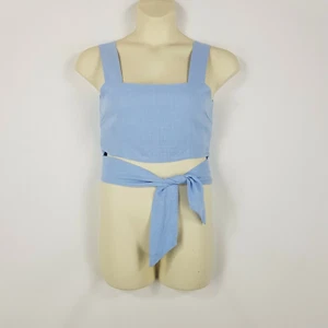 Ghanda Women S 6-8 Blue Crop Tie Wrap Top Linen Blend - Picture 1 of 8