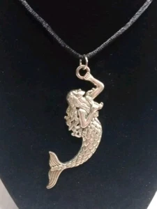 MERMAID Pendant Necklace, Silver W/ Black Rope Choker Chain, New - Picture 1 of 7