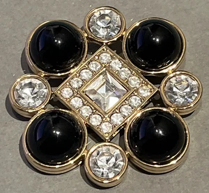 Vintage große schwarze Cabochon & klarer Strass goldfarbene Metallbrosche Anstecknadel - Monet - Bild 1 von 10