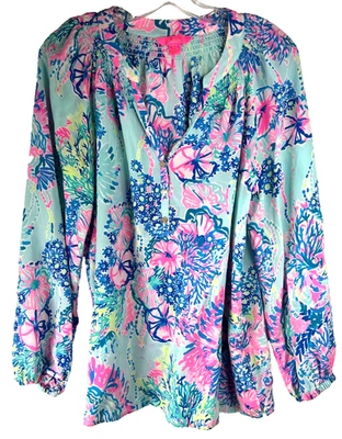 Blusa Top Lilly Pulitzer Elsa AZUL VERDE ROSA FLORAL TROPICAL 000657 XL Camisa Foto 1 de 4