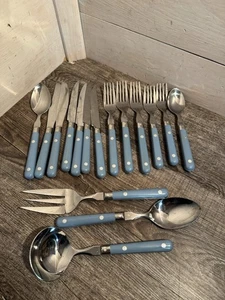 WF Mardi Gras Stainless Flatware Light Blue Handle Lot Of 16 Serving Set Mixed - Picture 1 of 7