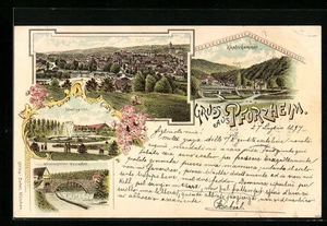 Lithographie Pforzheim, Ortsansicht, Kupferhammer, Stadtgarten 1897  - Picture 1 of 2