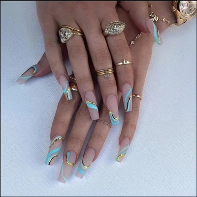24 Матовый голая пресс на ногти набор w клей бирюзовый синий золотой очень длинный гроб - Изображение 1 из 4