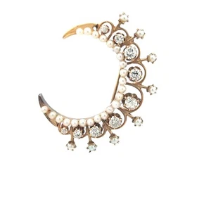 1.25 Carat Old European Cut Diamond 1.8-3 MM Pearl 14K Yellow Gold Pin Brooch - Picture 1 of 13