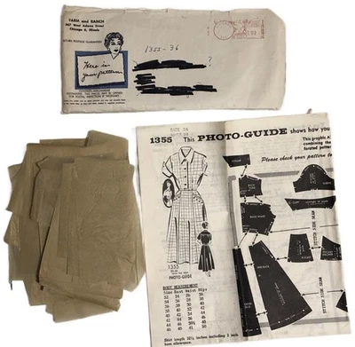 1950's Vintage Original Sewing Pattern 1355 Shirtwaist Dress All Pieces 36/38 - Image 1 of 2
