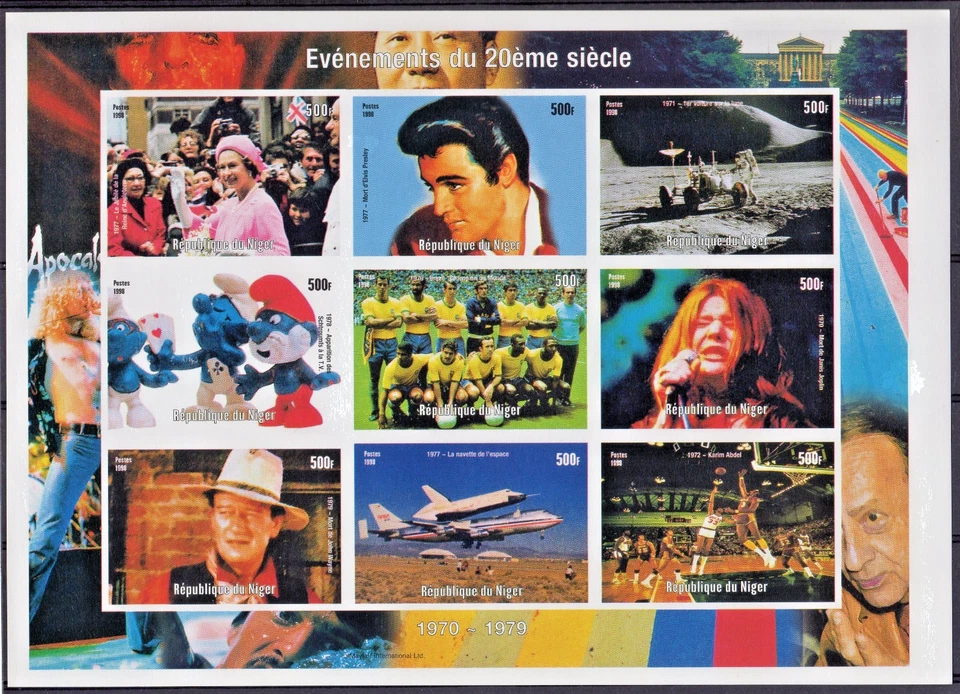 Níger 1998 Eventos Siglo XX SMURFS-ELVIS-JOPLIN-J.WAYNE-Hoja IMPERFORADA Foto 1 de 1
