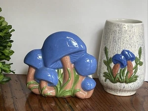 Vintage Rare Blue MUSHROOM Ceramic Napkin Holder & Vase/Tumbler - Picture 1 of 10