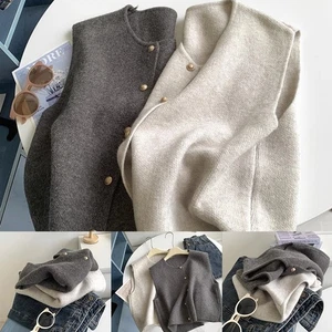 Chaleco cárdigan tejido sin mangas con botones lisos cuello en V para uso diario para mujer - Imagen 1 de 6