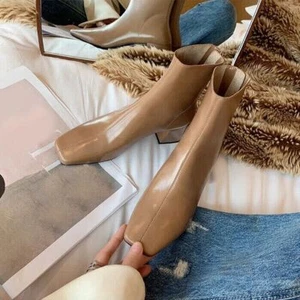 Botas cortas al tobillo con punta cuadrada para mujer con cremallera trasera tacón bloque zapatos de otoño - Imagen 1 de 18