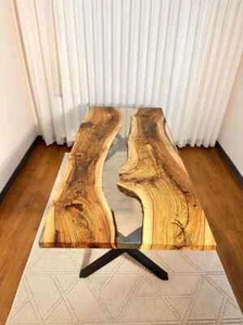 Amazing Clear Epoxy Resin Dining Table Top, Live Edge Wooden Furniture Decor - Picture 1 of 14