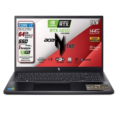 Notebook Gaming Acer Nitro V15 Intel i7 13620H SSD 1TB RAM 64GB DDR5 RTX 4050 - Immagine 1 di 4