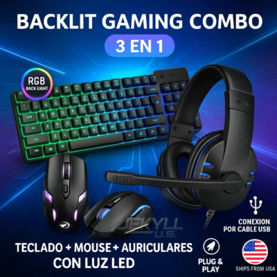 3 Pcs Teclado para juegos Mecanico con Retroiluminación LED + Ratón + Auricular - Image 1 of 4