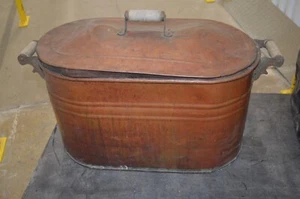Vintage Large Primitive Copper Boiler/Wash Tub Pot With Wooden Handles And Lid - Picture 1 of 7