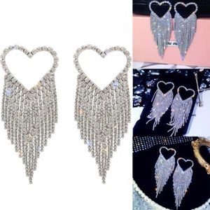 Lujo Mujeres Cristal Estrás Pendientes Borla Larga Colgante Boda Joyería - Imagen 1 de 8