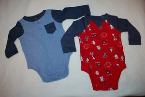 Baby Boys 2 LOT L/S T-SHIRT Red ELEPHANT LION Blue Henley 0-3 3-6 6-9 12 18 MO - Picture 1 of 1