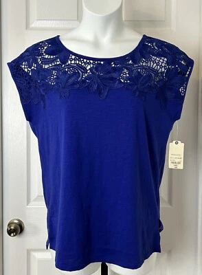 St John's Bay Cap Sleeve Top Women Large Blue Lace Top Embroidered Floral New - Image 1 of 4