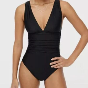 J. Crew V-Neck Ruched One-Piece Swimsuit Bathing Suit Large Black NWT - Picture 1 of 8