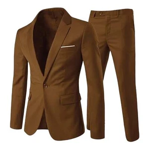 Cloudstyle Men 2-Piece Slim Fit Suit Jacket Blazer & Pants Set in Coffee, Size L - Picture 1 of 5