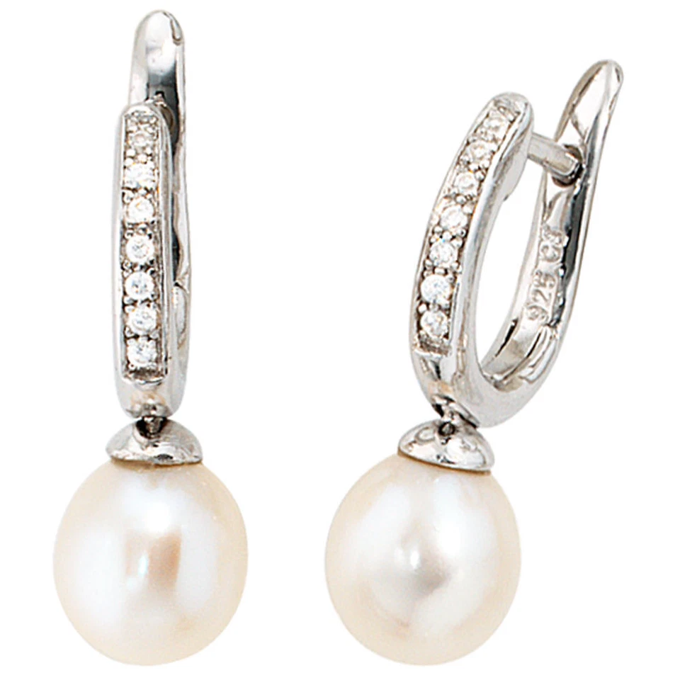 Creole Orecchini, 21.7mm, Perle E Zirconia, 925 Argento, Donna - Immagine 1 di 1