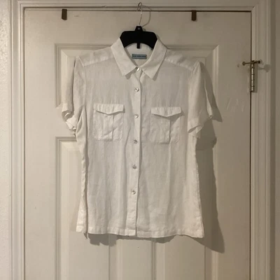 Marsh Landing Petites Linen Camp Shirt Short Sleeve Button Up Size PM White - Image 1 of 4