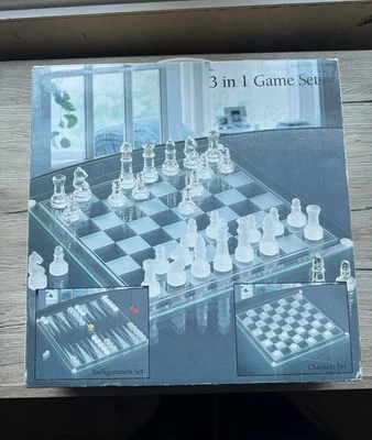 Chess Set Checkers Backgammon 3 in 1 Game Frosted & Clear Glass pieces 12” Board - Image 1 of 4