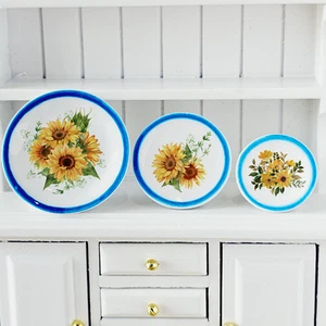 Miniature Sunflower Plates Set Blue Rim Ceramic Dollhouse 1:12 Scale Decor - Picture 1 of 14