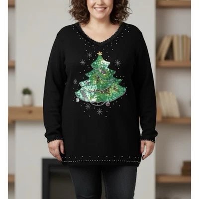 Quacker Factory Black Christmas Tree Holiday V Neck Pullover Sweater Size 1X - Image 1 of 4