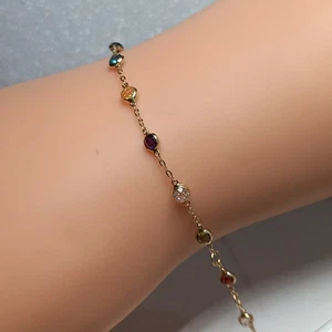 Brazalete Estación Oro Amarillo 18K Piedras Multicolores Se Adapta a 5"-6.5" 3mmNUEVO Au750  - Imagen 1 de 7