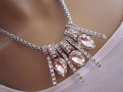 Damen Strass Collier Hals Kette kurz Modekette Kristall Silber Statement f0919 - Bild 1 von 2
