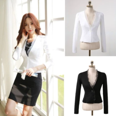 Women Lace Suit Cardigan Tulle Ruffle Cropped Shrug Jacket Open Slim Blazer - Image 1 of 4