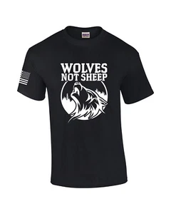Men's Wolves Not Sheep Howling Wolf Head Patriotic American Flag Sleeve T-shirt - Picture 1 of 33